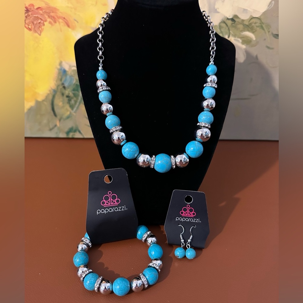 Faux Turquoise Bracelet, Necklace & Earrings Set